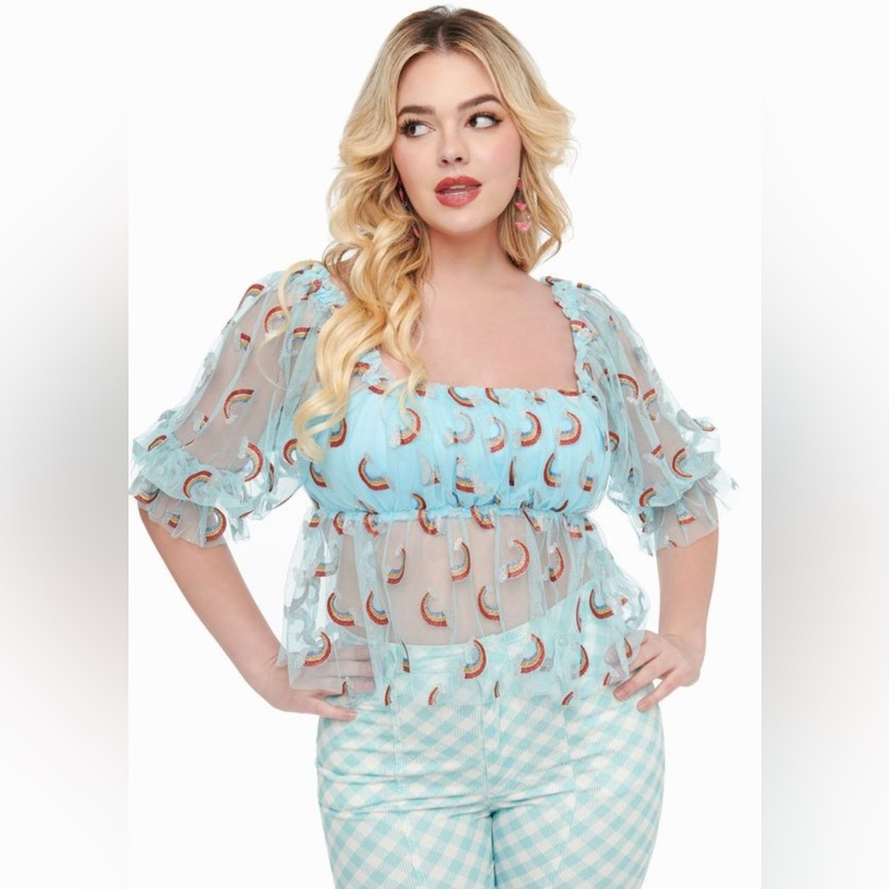 NWT unique vintage Smak Parlor rainbow peplum sheer top size XL